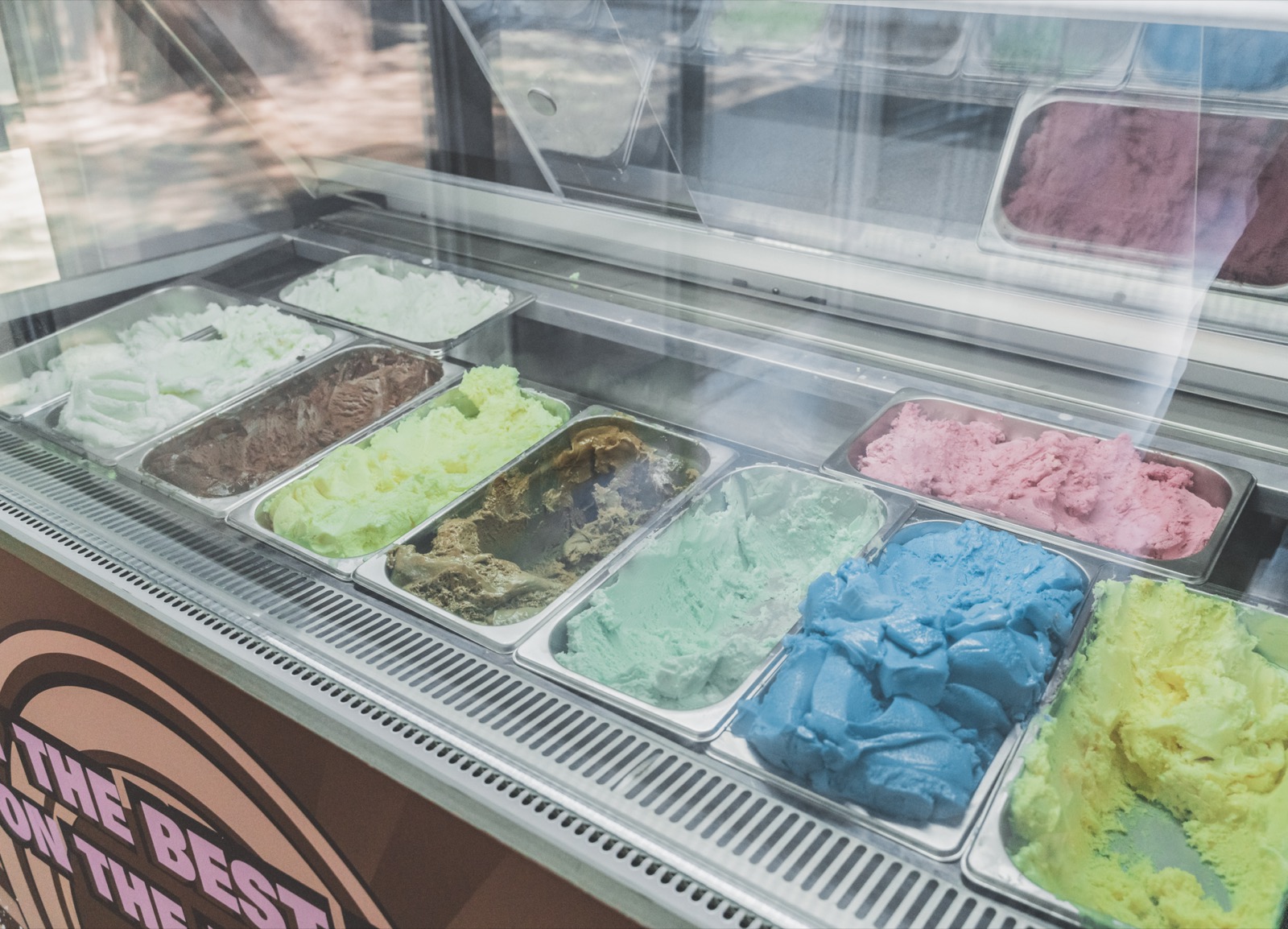 Colourful ice cream flavours in the display case