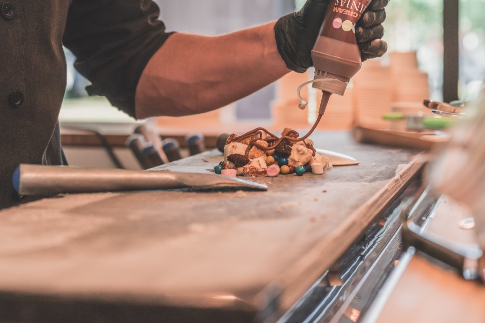 Ninja creating on the frozen slab with chocolate